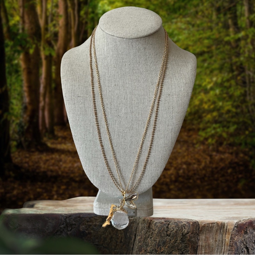 Crystal Angel Wing Fairy Pendant Necklace Double Gold Tone Chain Lobster Clasp
